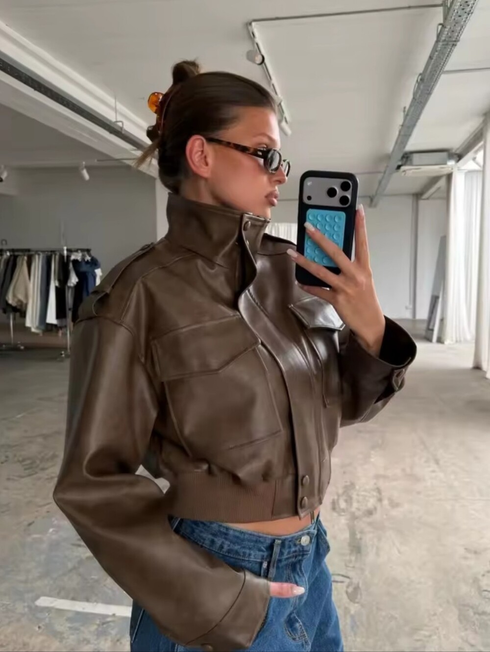 Retro Brown Faux Leather Cropped Bomber Jacket Women Stand Collar Multi Pocket